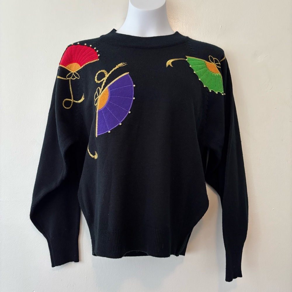 Vintage That’s Me! Acrylic sweater embroidered fans women medium